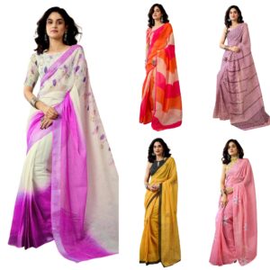 Women's Chanderi Cotton Printed Ready To Wear One Minute Pre Stitched Saree with Unstitched Blouse Piece
