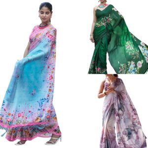 Women's Satin Digital Print Saree with Unstitched Blouse Piece