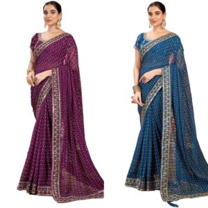 Women's Chiffon Sequin Embroidery Lace & Bandhani Printed Saree with Unstitched Blouse Piece