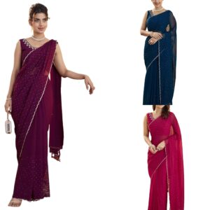 Women's Georgette Stone Work Saree with Unstitched Blouse Piece