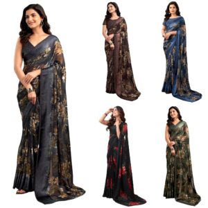 Women's Georgette Floral Printed Satin Stripe Saree with Unstitched Blouse Piece