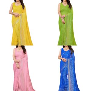 Women's Georgette Foil Printed Lace Work Saree with Unstitched Blouse Piece