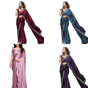 Women's Hot Fix Solid Color Satin Moss Saree with Unstitched Blouse Material