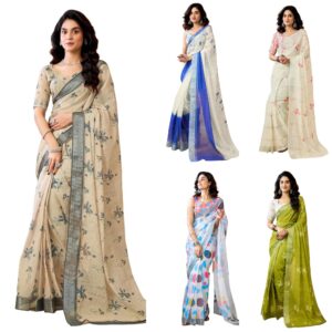 Women's Linen Printed & Zari Border Ready To Wear One Minute Pre Stitched Saree with Unstitched Blouse Piece