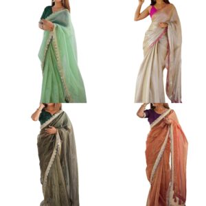 Women's Shimmer Net Lace Woek Saree with Unstitched Blouse Piece