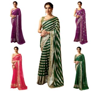 Women's Georgette Foil Print Gota Lace Work Saree with Unstitched Blouse Piece
