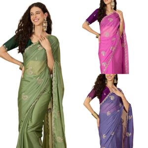 Women's Shimmer Georgette Scalloped Border Embroidery Saree with Unstitched Blouse Piece