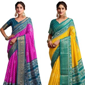 Women's Silk Weaving Bandhani Printed Saree with Unstitched Blouse Piece
