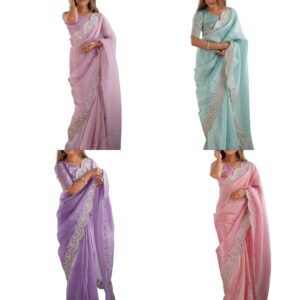 Women's Tissue Silk Sequence Embroidery Border Saree with Unstitched Blouse Piece