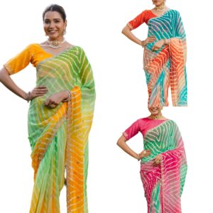 Women'S Georgette Printed Embroidery & Scalloped Border Saree With Unstitched Blouse Piece