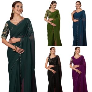 Women'S Georgette Dyed Scalloped Border Saree With Unstitched Blouse Piece