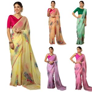 Women's Georgette Printed Foil Work Saree with Unstitched Blouse Piece