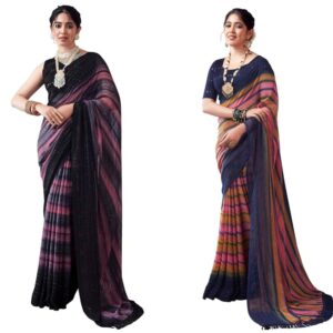 Women's Georgette Glitter Zari Stripe Printed Saree with Unstitched Blouse Piece