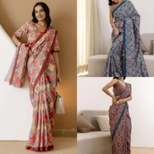 Women's Silk Printed Ready To Wear One Minute Pre Stitched with Unstitched Blouse Piece