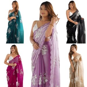 Women's Shimmer Chiffon Sequins Embroidery Saree with Unstitched Blouse Piece