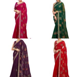 Women's Georgette Embroidery & Stone Work Saree with Unstitched Blouse Piece