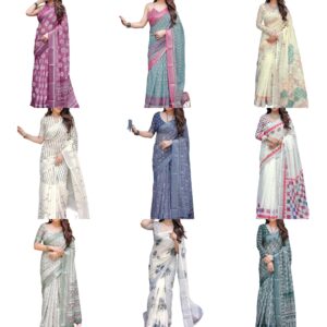 Women's Linen Zari Border Printed Saree with Unstitched Blouse Piece