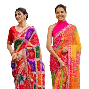 Women'S Weightless Georgette Bandhani Printed & Sequins Embroidery Lace Saree With Unstitched Blouse Piece