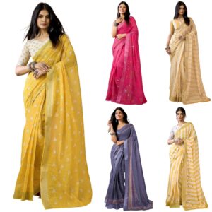 Women's Linen Printed & Zari Border Ready To Wear One Minute Pre Stitched Saree with Unstitched Blouse Piece