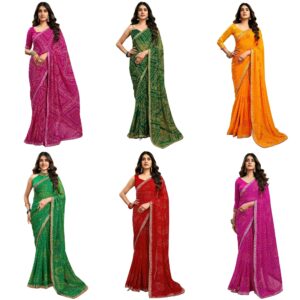 Women's Georgette Bandhani Printed Saree with Unstitched Blouse Piece