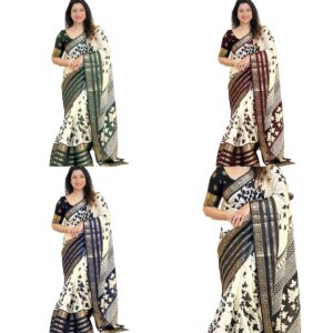 Women's Floral Printed White Dola Silk Jacquard Saree With Unstitched Blouse Material