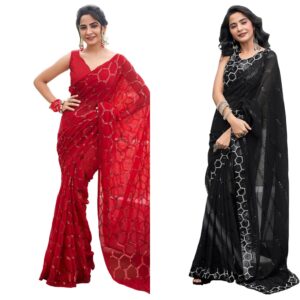 Women's Georgette Sequence Work Saree with Unstitched Blouse Piece