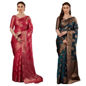Women's Organza Weaving Banarasi Saree with Unstitched Blouse Piece