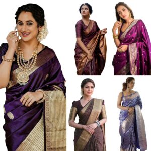 Women's Maroon Banarasi Kanchipuram Art Silk Saree for Women – Traditional Wedding & Party Saree with Blouse Piece