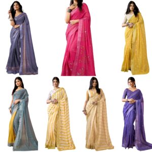 Women's Linen Printed & Zari Border Ready To Wear One Minute Pre Stitched Saree with Unstitched Blouse Piece