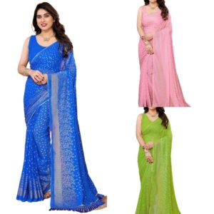 Women's Georgette Foil Printed Lace Work Saree with Unstitched Blouse Piece