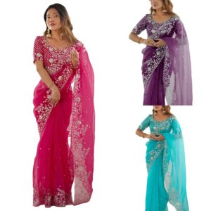 Women'S Organza Sequin Embroidery Saree With Unstitched Blouse Piece