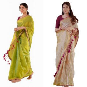 Women Chanderi Silk Solid Lace Boder Saree With Unstitched Blouse Piece