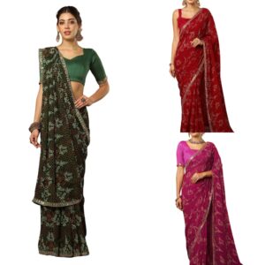 Women's Georgette Bandhani Printed Sequin Lace Work Saree with Unstitched Blouse Piece