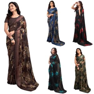 Women's Georgette Floral Printed Satin Stripe Saree with Unstitched Blouse Piece