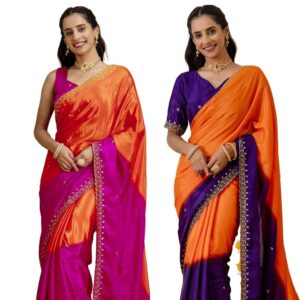 Women's Chinnon Silk Sequins Embroidery & Scalloped Border Saree with Unstitched Blouse Piece