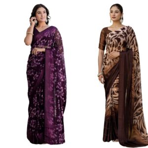 Women's Georgette Floral Printed & Satin Border With Ready To Wear One Minute Pre Stitched Saree with Unstitched Blouse Piece