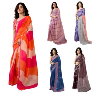Women's Chanderi Cotton Printed Ready To Wear One Minute Pre Stitched Saree with Unstitched Blouse Piece