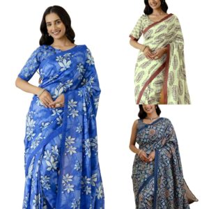 Women's Silk Printed Ready To Wear One Minute Pre Stitched with Unstitched Blouse Piece