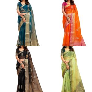 Women's Organza Sequins Embroidery Jacquard Saree with Unstitched Blouse Piece
