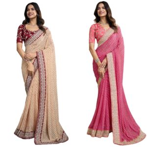 Women's Georgette Bandhani Printed Lace Work Saree with Unstitched Blouse Piece