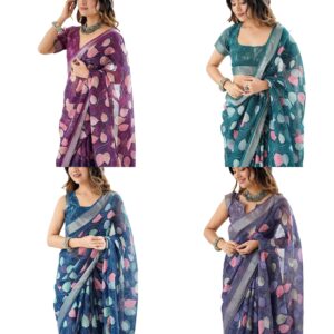 Women's Linen Weaving Border Printed Saree with Unstitched Blouse Piece