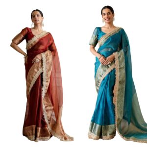 Women's Shimmer Tissue Weaving & Lace Work Saree with Unstitched Blouse Piece