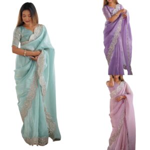 Women's Tissue Silk Sequence Embroidery Border Saree with Unstitched Blouse Piece
