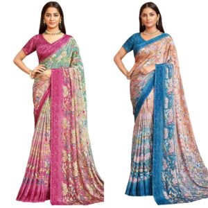 Women's Silk Crepe Floral Printed Saree with Unstitched Blouse Piece