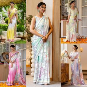 Women'S Crepe Silk Printed Ready To Wear One Minute Pre Pleated Readymade Saree With Unstitched Blouse Piece