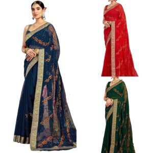 Women's Georgette Embroidery & Stone Work Saree with Unstitched Blouse Piece