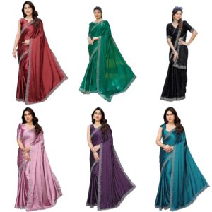 Women's Hot Fix Work and Solid Color Satin Moss Saree With Unstitched Blouse Material