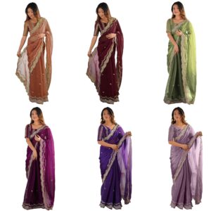 Women's Shimmer Chiffon Sequins Embroidery Saree with Unstitched Blouse Piece