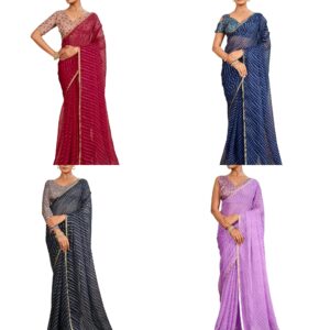 Women's Chiffon Leheriya Print & Lace Work Saree with Unstitched Blouse Piece