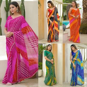 Women's Georgette Leheriya Printed Sequin Embroidery Lace Saree with Unstitched Blouse Piece